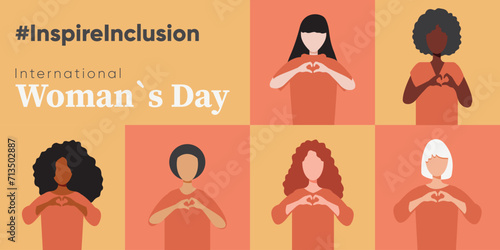 International Womens Day. Inspire inclusion 2024 campaign. Group of women of different ethnicity, age, hair color