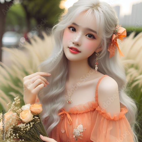 Most beautiful teenager girl with white hair in orange suit, portrait of girl AR0016 photo