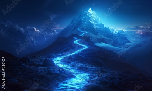 a pathway light up a mountain, in the style of dynamic energy flow, quantum wavetracing, light white and light blue