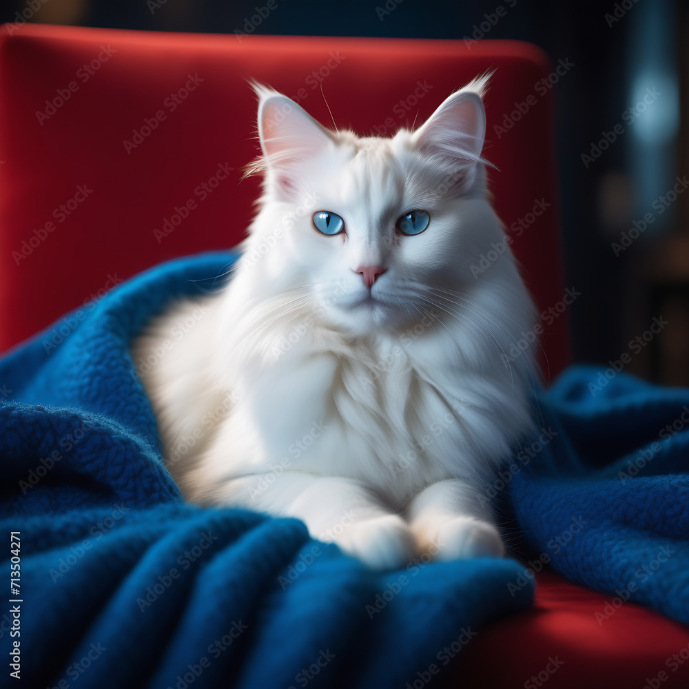 A white, fluffy Angora cat lies in a red chair in a blue blanket