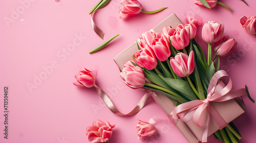 Mother's Day or Valentine Romantic Concept. Top View Photo Gift Box with Ribbon Bouquet of Tulips on Pink Background with Copy Space | TAGS: Still life, floral photography, romantic, Mother's Day, Val