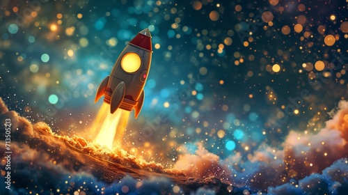 An enchanting cartoon-style rocket ship ascending, embodying goal achievement and aspirations photo