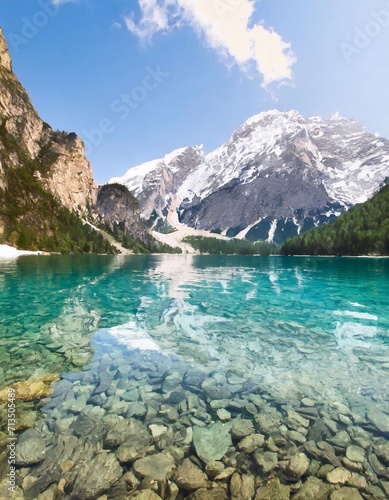 Clear lake water near snow-capped mountains. photo