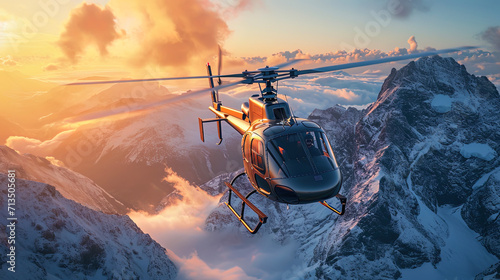 A bird's eye on a helicopter that combines strength and grace in flight along the mountains photo