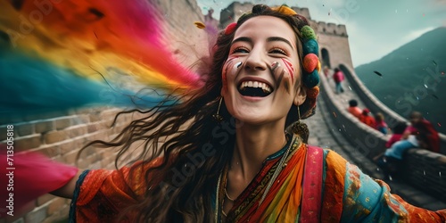 Joyful woman at a colorful festival, vibrant hues flying. celebrating tradition with laughter and fun. captured moment of pure happiness. AI