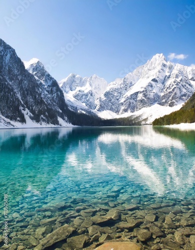 A lake between rocky snow-capped mountains.