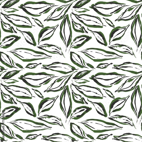 Seamless abstract botanical pattern. Simple background with black, green, white texture. Digital brush strokes. Leaves. Design for textile fabrics, wrapping paper, background, wallpaper, cover.