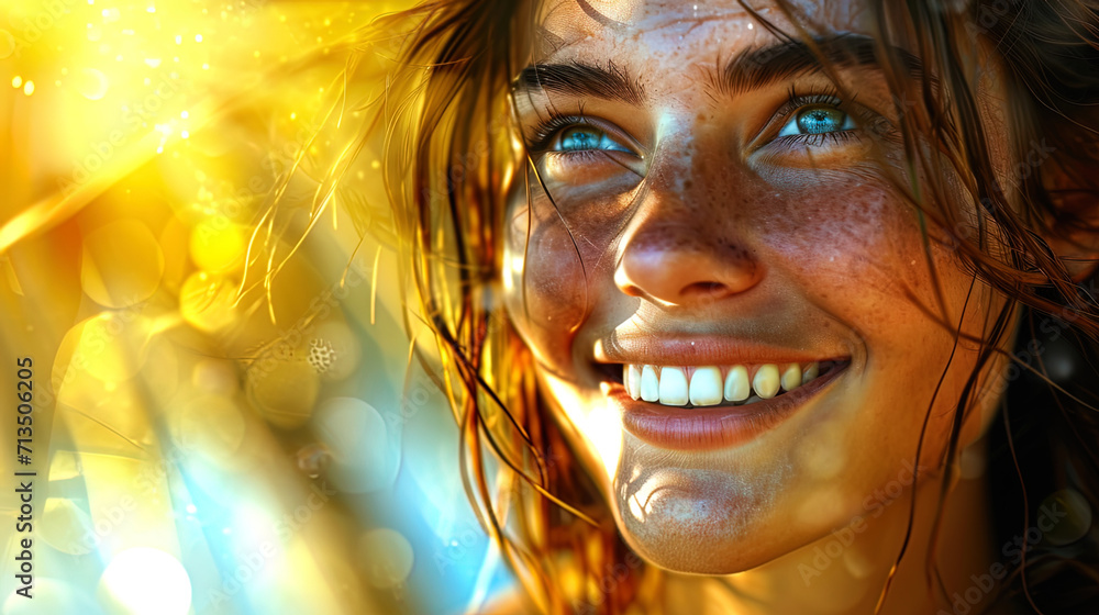 A portrait of a young woman with a bright smile, like the sun illuminating her face, filling it wi A portrait of a young woman with a bright smile, like the sun illuminating her face, filling it wi