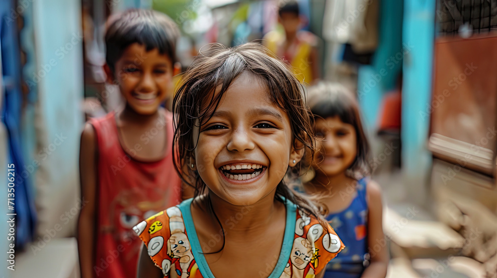 A portrait of children playing on the street with happy smiles on their faces, as if their joy is A portrait of children playing on the street with happy smiles on their faces, as if their joy is