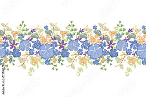 Spring Floral border pattern seamless paisley embroidery with blue flower motifs background border frame. Ethnic pattern oriental batik vintage watercolour brush ikat style vector illustration design.