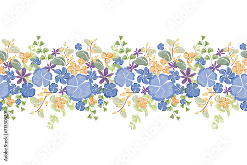 Floral border pattern seamless paisley embroidery with blue flower motifs background border frame. Ethnic pattern oriental batik vintage watercolour brush ikat style vector illustration design.