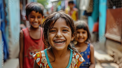 A portrait of children playing on the street with happy smiles on their faces, as if their joy is
