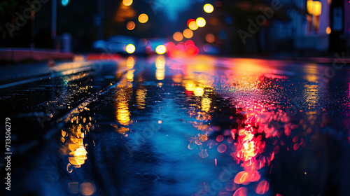 Dark streets of the city come to life due to light reflection on wet asphalt  creating a mysteriou