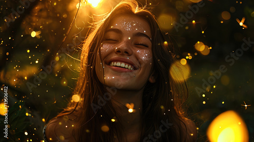 Her smile sparkles, like a firefly in a dark forest, creating a sense of joy and optimism