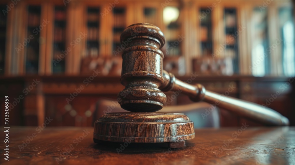 Close-up of a gavel on an old wooden desk, symbolizing authority and judicial decisions Close-up of a gavel on an old wooden desk, symbolizing authority and judicial decisions