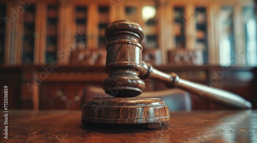 Close-up of a gavel on an old wooden desk, symbolizing authority and judicial decisions photo