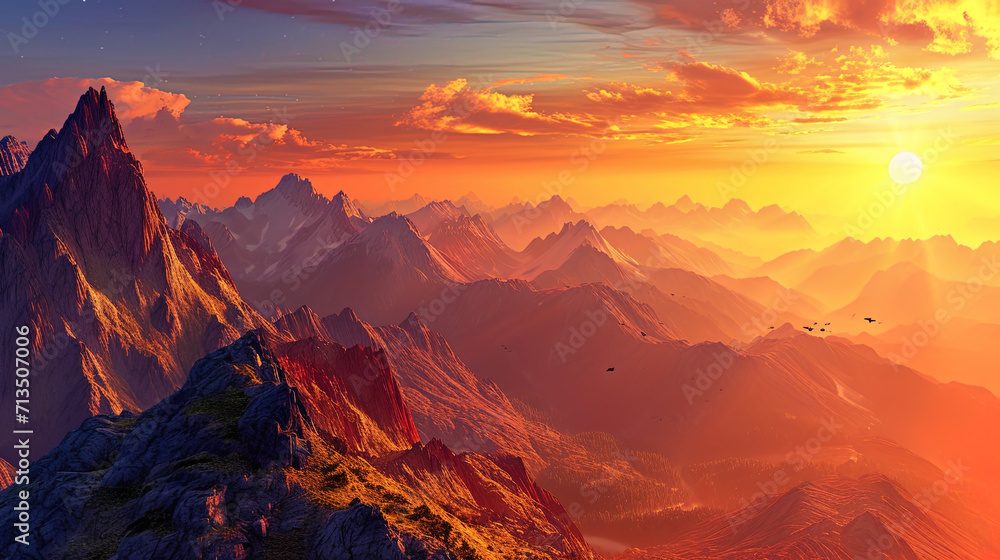 Mountains painted in warm shades of sunset, like a picture of nature, captivating with its beauty