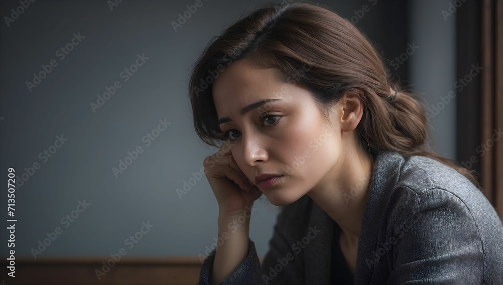 A woman with a pensive and lonely expression, reflecting deep sadness. generative AI A woman with a pensive and lonely expression, reflecting deep sadness. generative AI