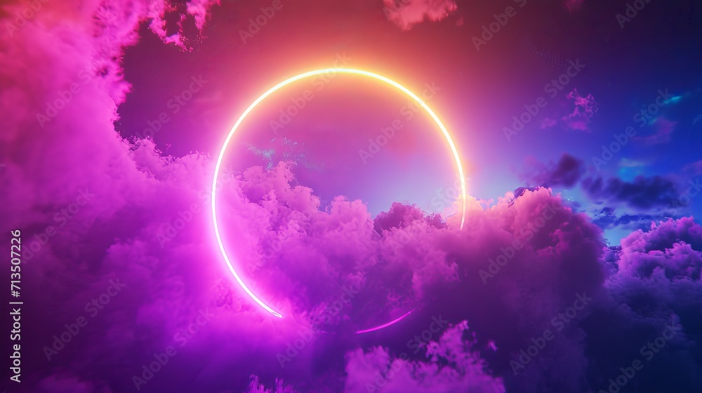 rainbow colored cloud circle, in the style of mysterious backdrops, neon-infused digitalism, orange and magenta, nightcore, dark purple and sky-blue, spacecore, outrun