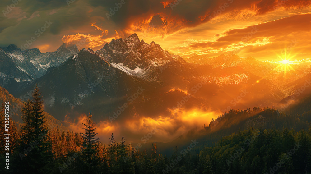 Sunset paints turn mountains into a picturesque canvas painted into warm, golden and orange shades