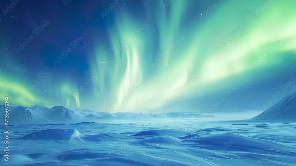 Tender curls of the northern lights create an auroral carpet over snow covered landscapes