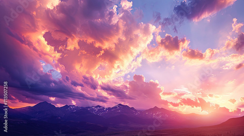 Sunset clouds seem to be affectionately covering mountain peaks, staining them in pink, orange and