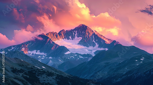 Sunset clouds paint mountain peaks in delicate shades of peach and lavender, creating a picture of