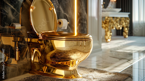 The gold toilet in the photo becomes not only a functional object, but also a work of art, emphasi photo