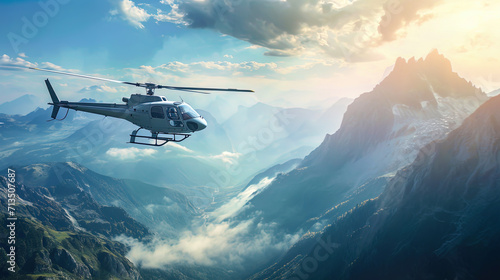 Leinwand Poster The helicopter in the void of heaven can easily pierce the air along the mountai