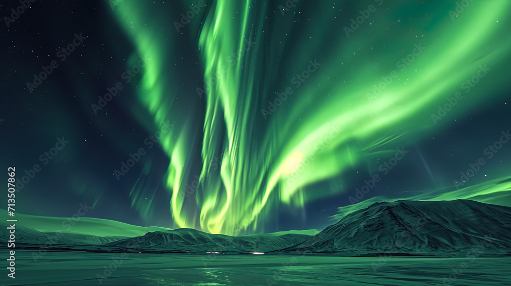 The northern lights creates an incredible light landscape, blocking the night sky with green and p