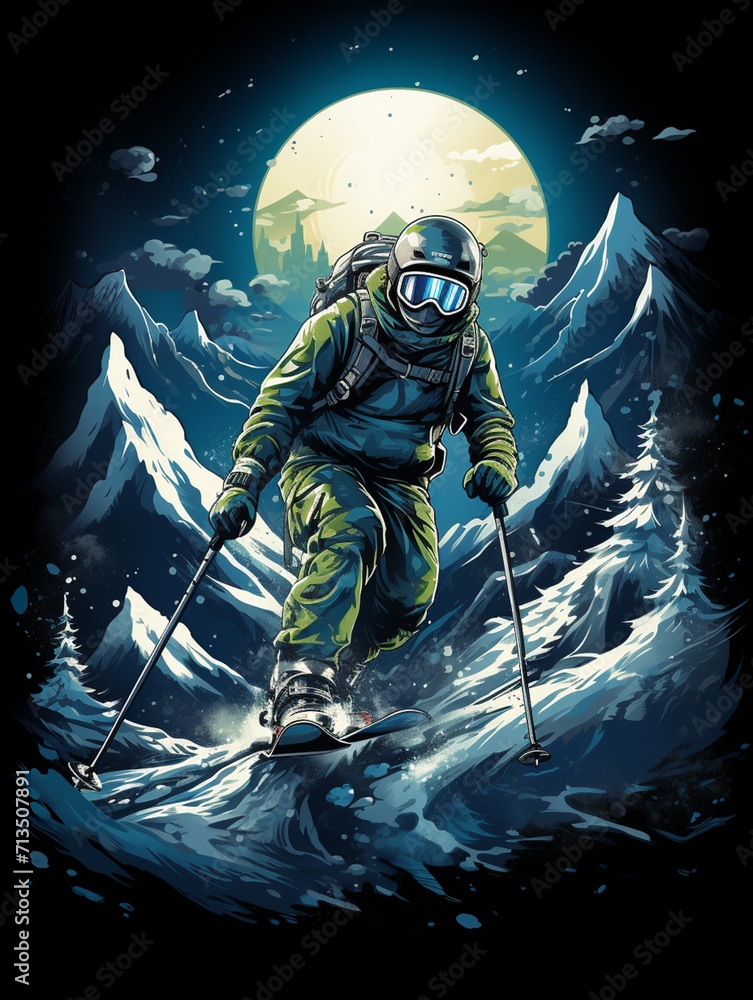 T-shirt design, Handsome boy skiing with snow mountains, illustration style created with Generative Ai T-shirt design, Handsome boy skiing with snow mountains, illustration style created with Generative Ai