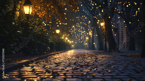 The mystical light of the city lanterns awakens the asphalt to life, creating a magical atmosphere photo