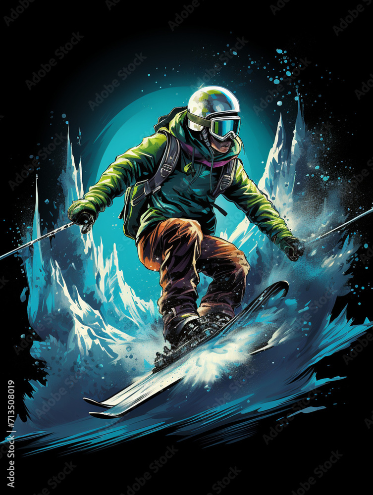 T-shirt design, Handsome boy skiing with snow mountains, illustration style created with Generative Ai T-shirt design, Handsome boy skiing with snow mountains, illustration style created with Generative Ai