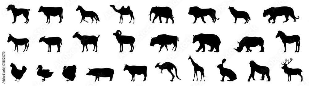 Set of animal silhouettes. Farm and wild animals.