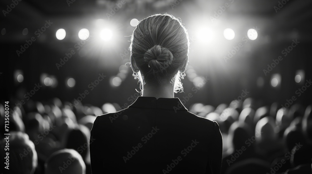 female speaker at a leadership seminar, making a poignant point to an attentive audience, International Women's Day Concept