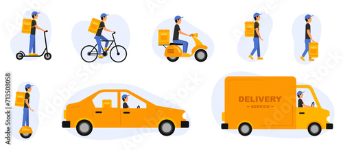 Set of couriers on different transport. Delivery service.