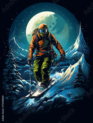 T-shirt design, Handsome boy skiing with snow mountains, illustration style created with Generative Ai