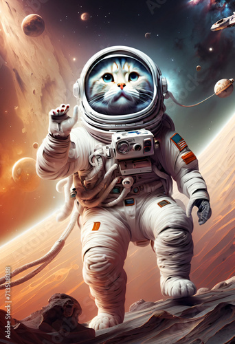 The cat is an astronaut in space