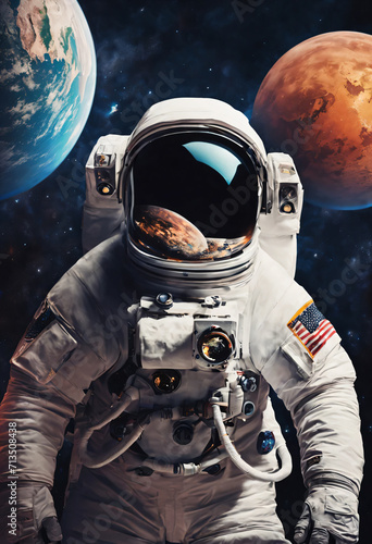 astronaut close-up in space around the planet.digital space art. Ai 