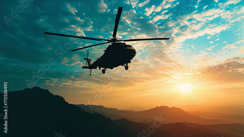 The silhouette of a helicopter flies in the sky, emphasizing the beauty of the mountains and magni