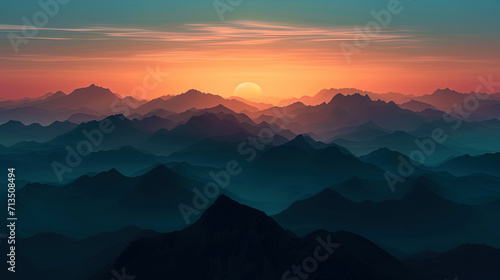 The silhouettes of the mountains seem in black paints against the background of sunset  creating t