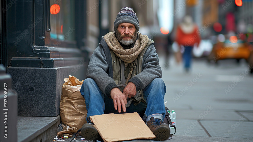 homeless man sitting on the sidewalk with a piece of cardboard, copy space. concept of loneliness and helping the needy and homeless