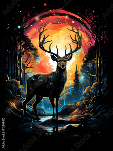 T-shirt design  cinema scene  fantasy art  a complete view from a deer  draft drawing  colorful created with Generative Ai