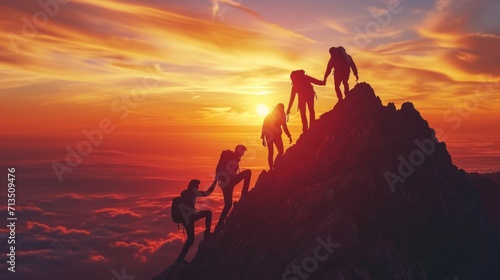 Team holding hands close to mountain top, business teamwork concept