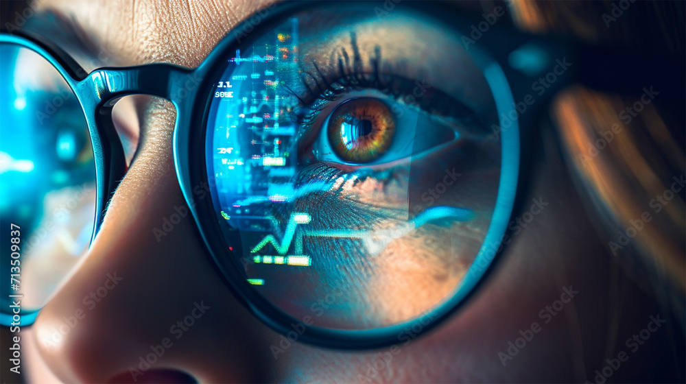 close-up portrait of a woman in glasses with reflection of a computer screen with graphs and tables. close-up portrait of a woman in glasses with reflection of a computer screen with graphs and tables.