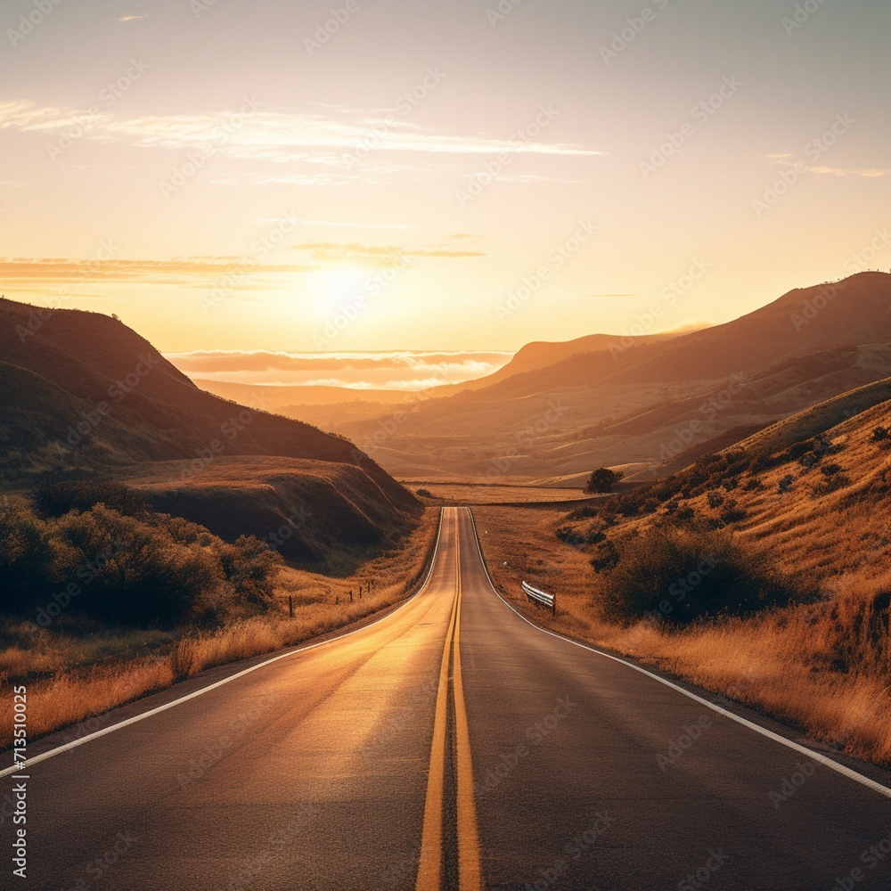 Highway with mountain scenery sunset AI Generated Photo