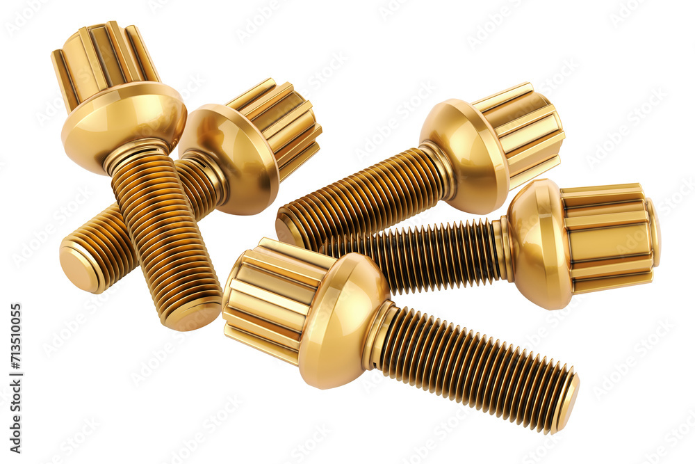 Anti theft bolts, golden. 3D rendering isolated on transparent background Anti theft bolts, golden. 3D rendering isolated on transparent background