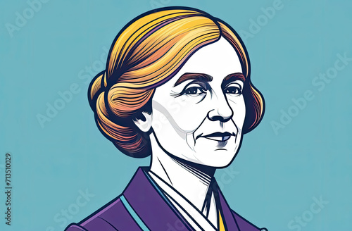 Portrait of suffragist woman isolated on simple blue background, minimalist retro style illustration. Concept of movement for gender equality women empowerment. International Women's Day photo