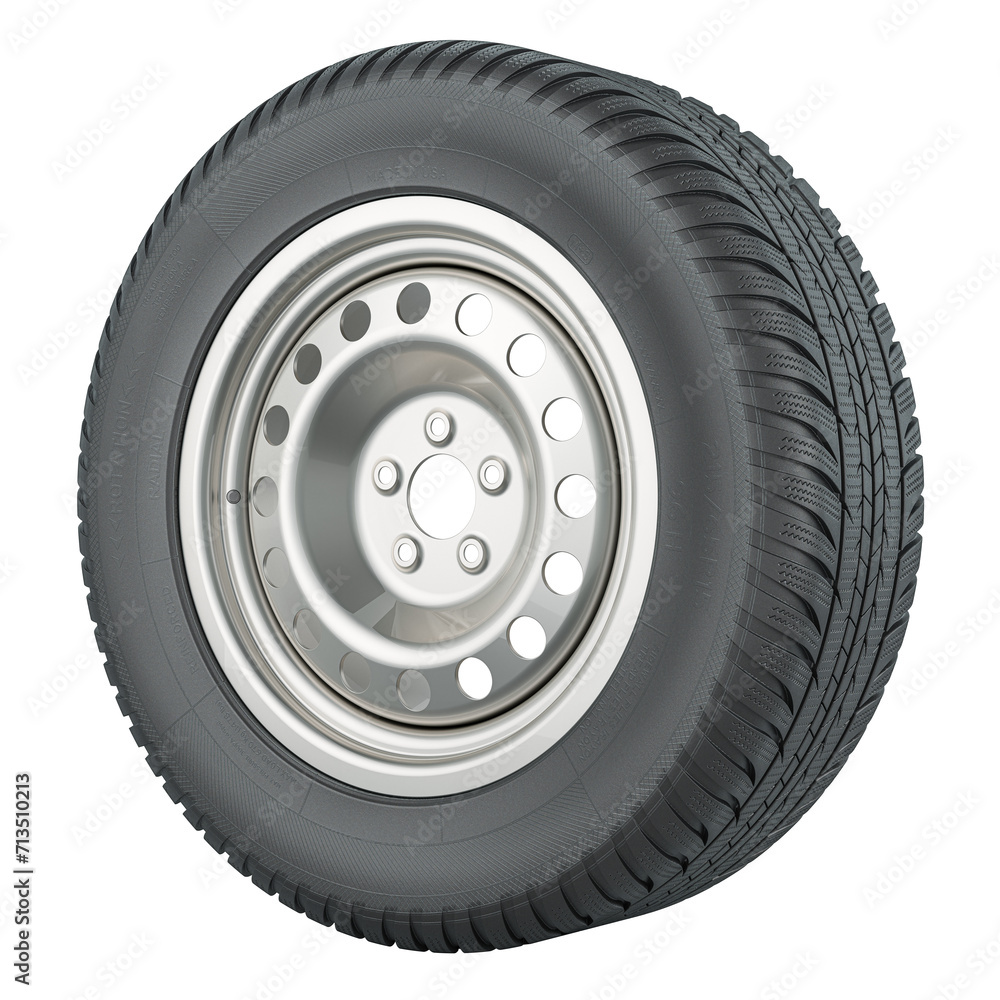 Obraz premium Car steel wheel with tire. 3D rendering isolated on transparent background