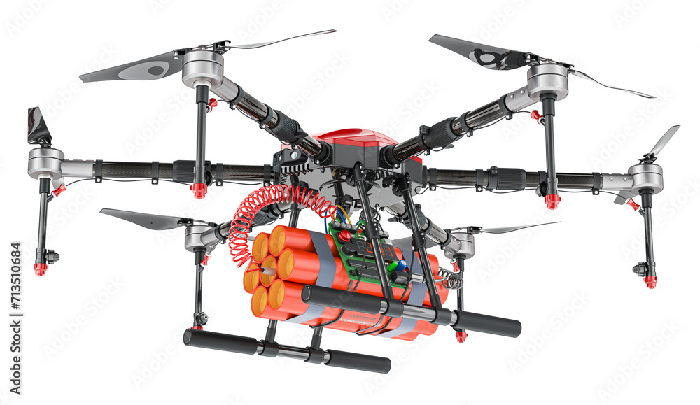 Military Drone with TNT bomb explosive, 3D rendering isolated on transparent background